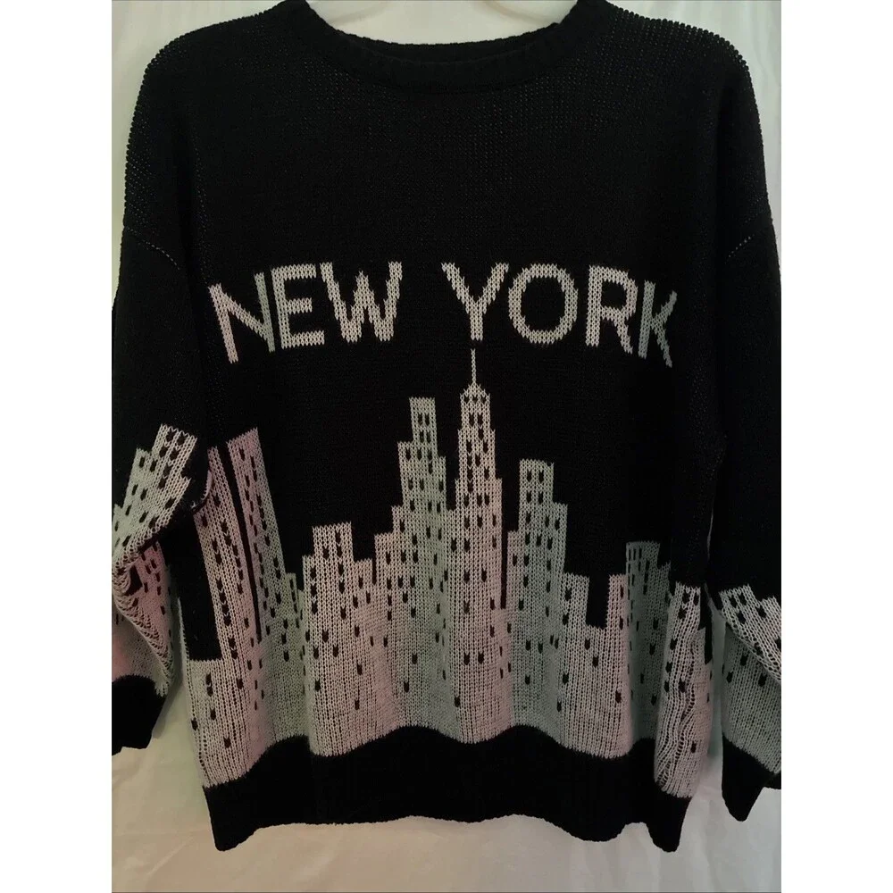 VTG Sweater New York Graphic Knit Pullover Crewneck Black Long Sleeve USA Made